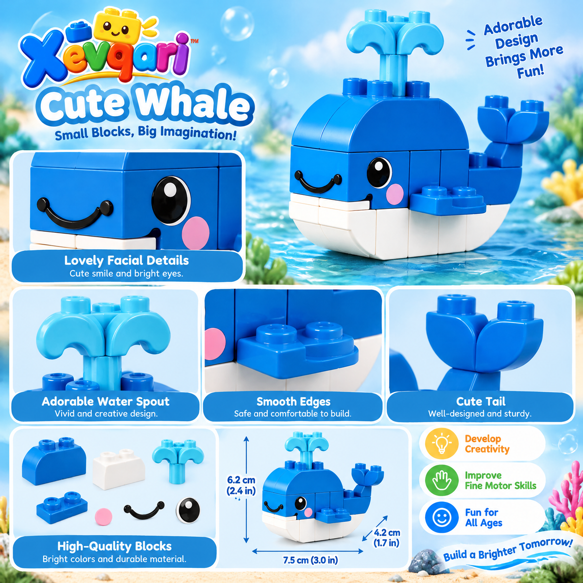 Xevqari™ Smiling Blue Whale Building Block Set