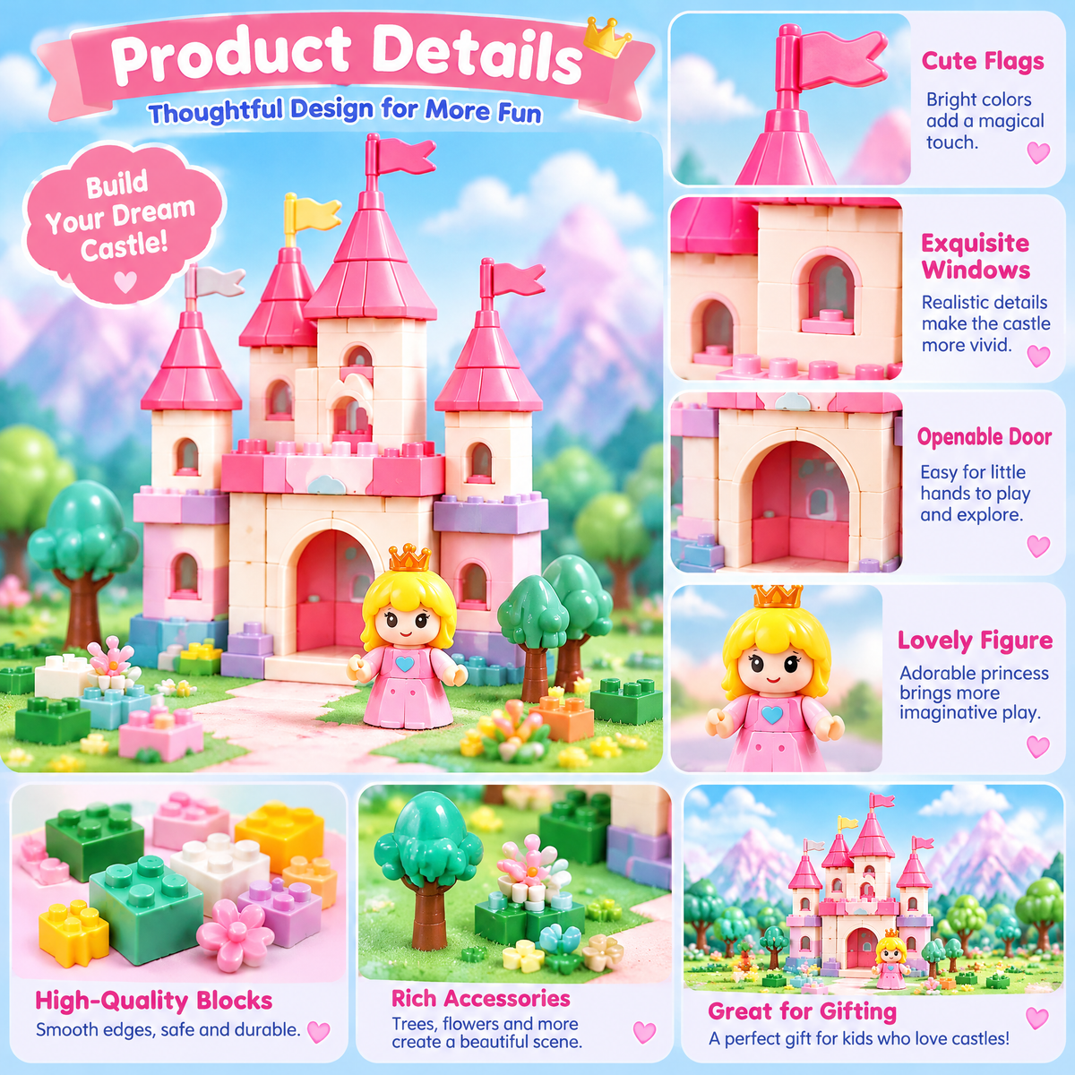 Xevqari™ Pink Princess Castle Building Block Set